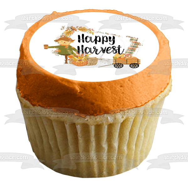 Happy Harvest Pumpkins Scarecrow Corn Cobs Edible Cake Topper Image ABPID52709