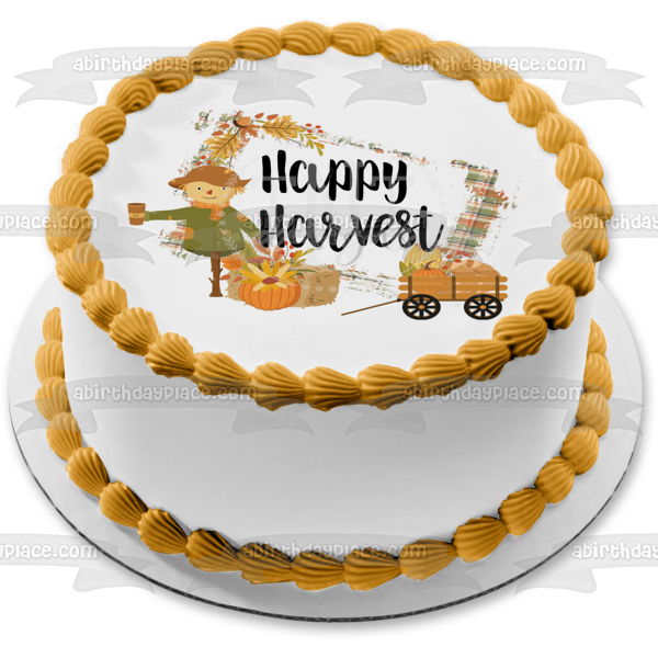 Happy Harvest Pumpkins Scarecrow Corn Cobs Edible Cake Topper Image ABPID52709