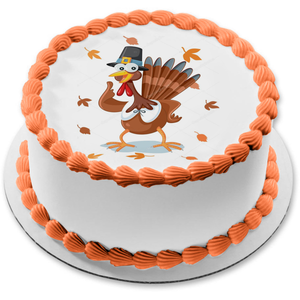 Happy Thanksgiving Cartoon Turkey In Pilgrim Costume Fall Colored Leaves Edible Cake Topper Image ABPID52712
