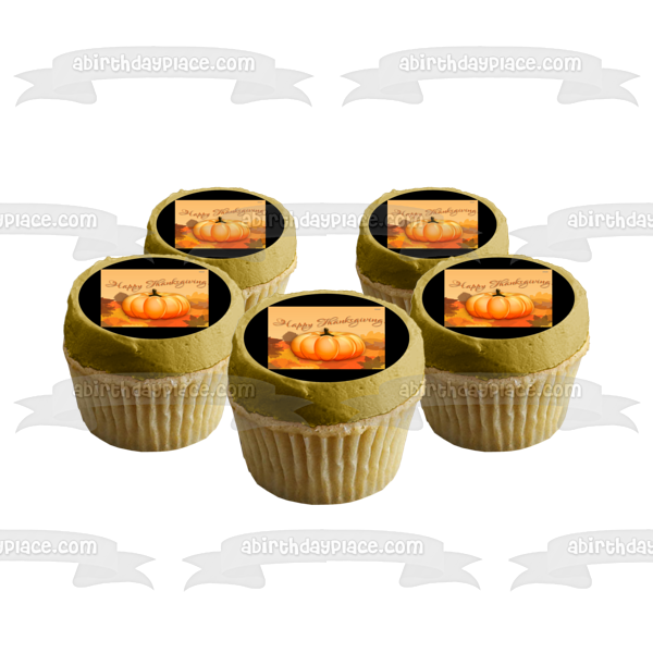 Happy Thanksgiving Pumpkin Fall Colored Leaves Edible Cake Topper Image ABPID52714
