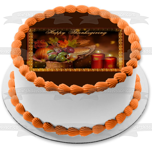 Happy Thanksgiving Pumpkin Apples Fall Colored Leaves Candles Corn Cobs Edible Cake Topper Image ABPID52717