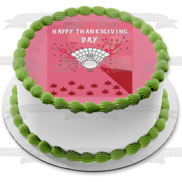 Happy Thanksgiving Day Turkey Leaves Flowers Pink Background Edible Cake Topper Image ABPID52731