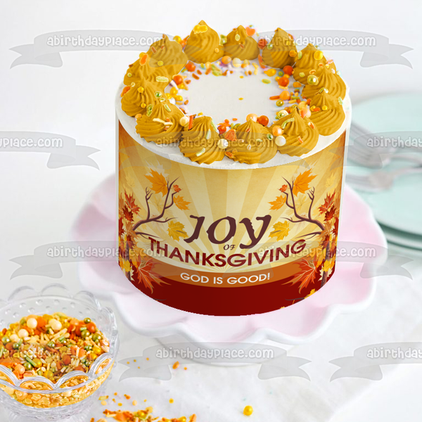 Joy of Thanksgiving God Is Good Fall Colored Leaves Edible Cake Topper Image ABPID52734