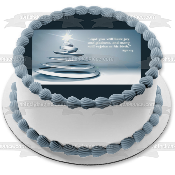 Merry Christmas Religious Inspiration Silver Christmas Tree Edible Cake Topper Image ABPID53039