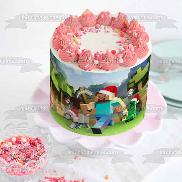 Minecraft Merry Christmas Steve Creeper Pig Dog Santa Claus Hats Edible Cake Topper Image ABPID53047