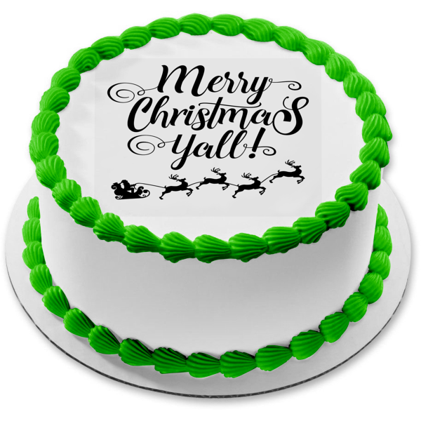 Merry Christmas Ya'll Santa Clause Sleigh Reindeer Black and White Silhouettes Edible Cake Topper Image ABPID53065