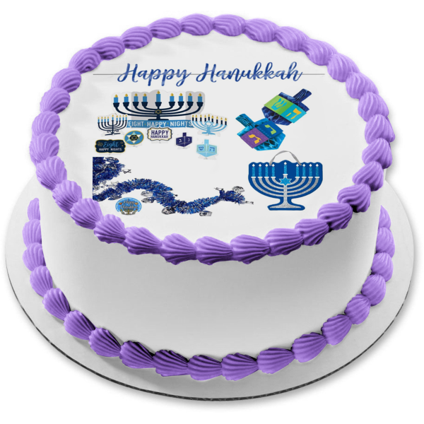 Happy Hanukkah Menorah Dreidel Star of David Edible Cake Topper Image ABPID53074