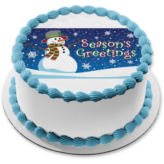 Season's Greetings Snowman Edible Cake Topper Image ABPID53075
