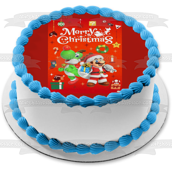 Super Mario Brothers Merry Christmas Mario Yoshi Christmas Costumes Edible Cake Topper Image ABPID53087