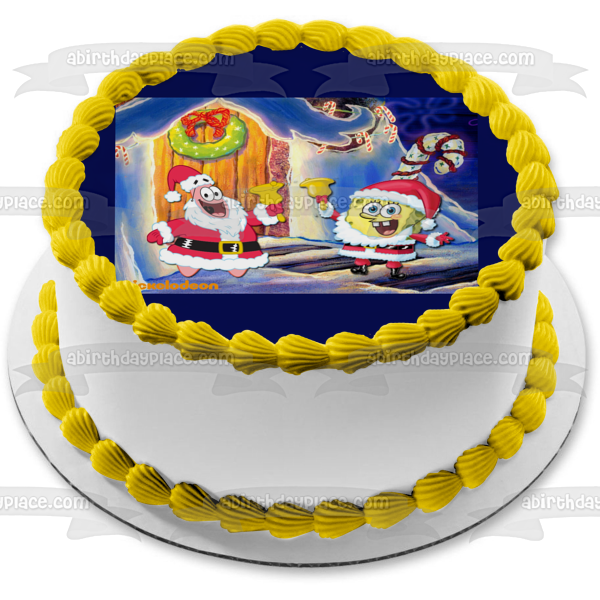 SpongeBob SquarePants Merry Christmas SpongeBob and Patrick In Santa Costumes Edible Cake Topper Image ABPID53103