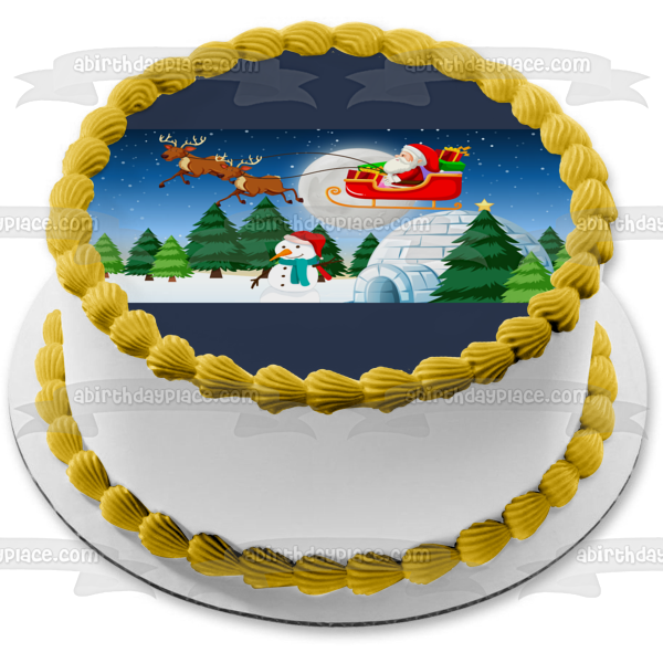 Merry Chirstmas Santa Claus Snowman Reindeer Igloo Edible Cake Topper Image ABPID53119