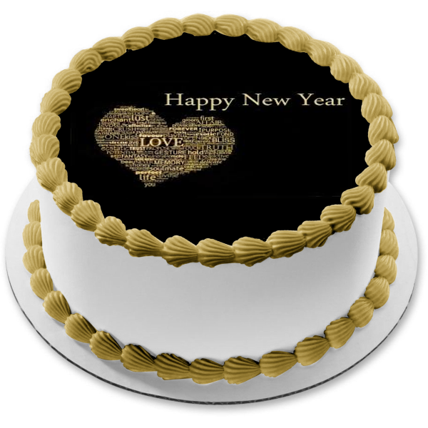 Happy New Year Heart of Inspirational Words Edible Cake Topper Image ABPID53138