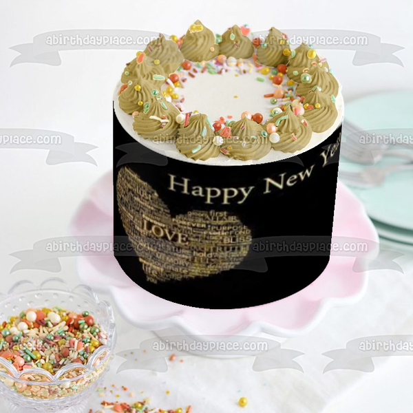 Happy New Year Heart of Inspirational Words Edible Cake Topper Image ABPID53138