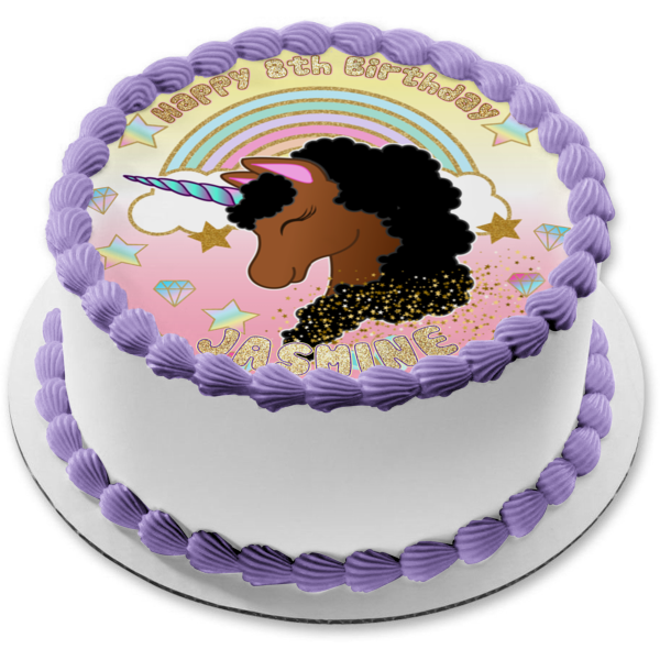 Afro Unicorn Pastel Stars, Diamonds and Glitter Edible Cake Topper Image ABPID56427