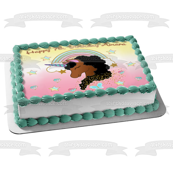 Afro Unicorn Pastel Stars, Diamonds and Glitter Edible Cake Topper Image ABPID56427