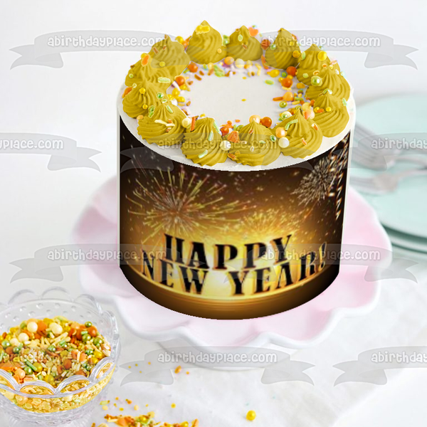 Happy New Year Gold Fireworks Streamers Edible Cake Topper Image ABPID53142