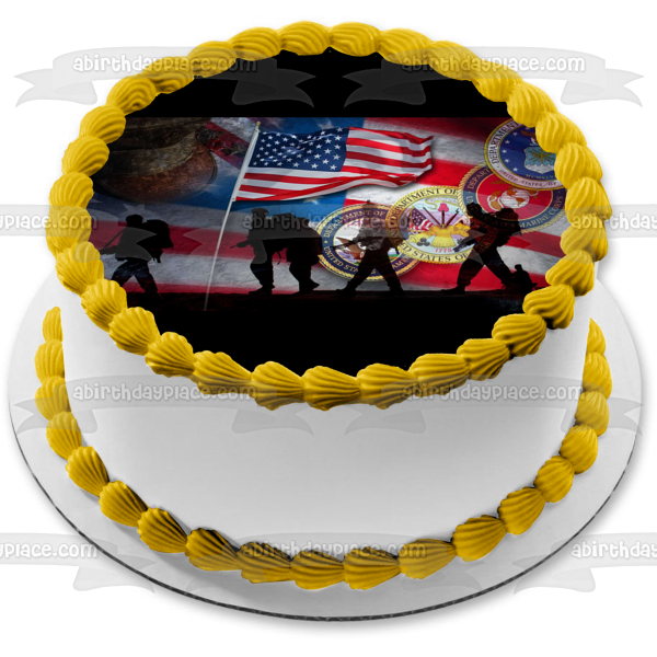 Happy Veterans Day American Flag Soldiers Silhouettes US Military Seals Edible Cake Topper Image ABPID53300
