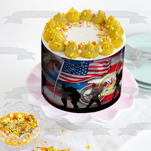 Happy Veterans Day American Flag Soldiers Silhouettes US Military Seals Edible Cake Topper Image ABPID53300