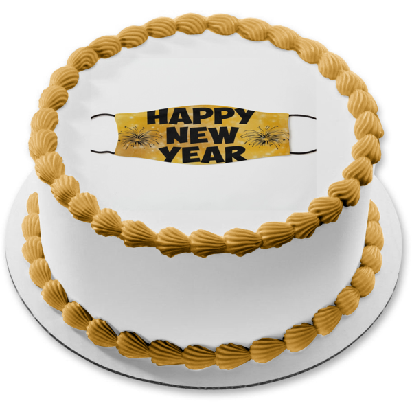 Happy New Year Face Mask Fireworks Edible Cake Topper Image ABPID53155