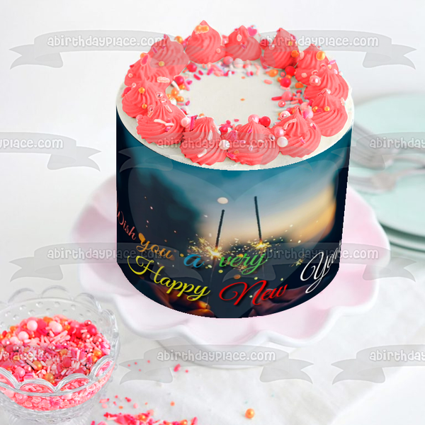 Wish You a Very Happy New Year Sparklers Hearts Edible Cake Topper Image ABPID53156