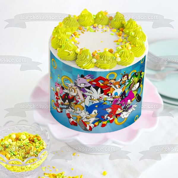 Sonic the Hedgehog Cast Checkers Background Tails Knuckles and Amy Rose Edible Cake Topper Image ABPID56451