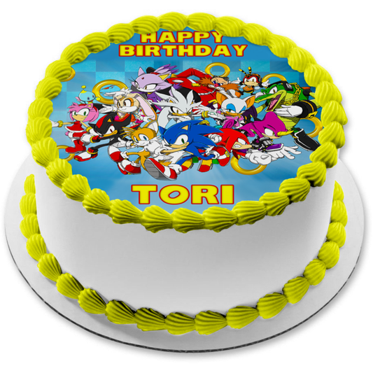 Sonic the Hedgehog Cast Checkers Background Tails Knuckles and Amy Rose Edible Cake Topper Image ABPID56451