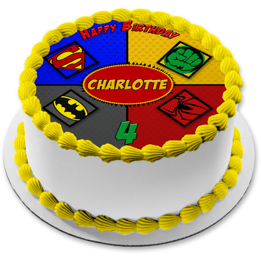 Superheroes Batman Superman Spider-Man The Hulk Logos Edible Cake Topper Image ABPID56456