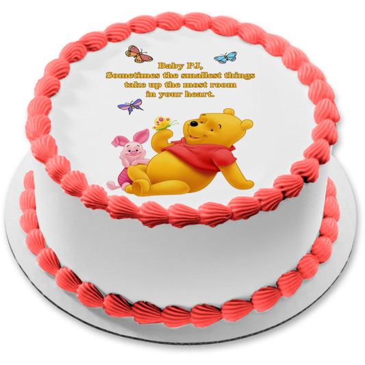 Disney Winnie the Pooh Baby Shower Personalized Name Piglet Butterflies "Smallest Things Take Up the Most Room In Your Heart" Edible Cake Topper Image ABPID53377
