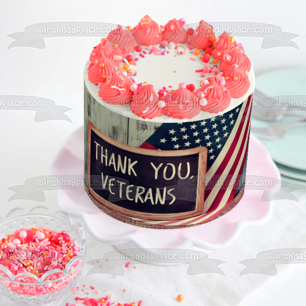 Veterans Day "Thank You Veterans" Chalk Board American Flag Edible Cake Topper Image ABPID53297
