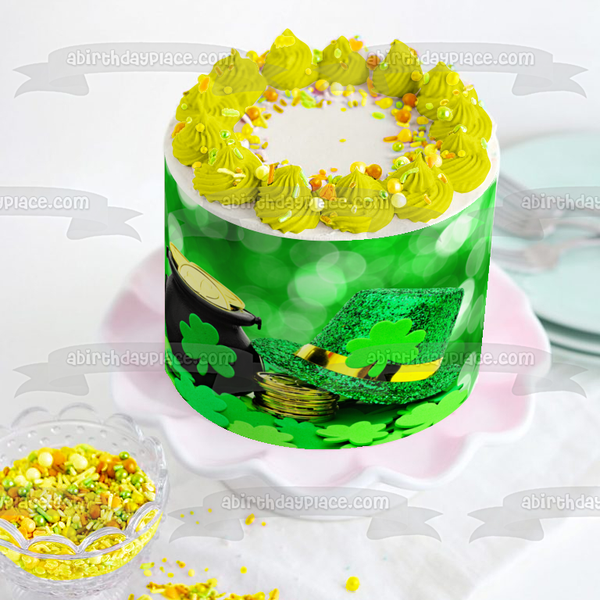 Happy St. Patrick's Day Pot of Gold Leprechaun Hat Edible Cake Topper Image ABPID53724