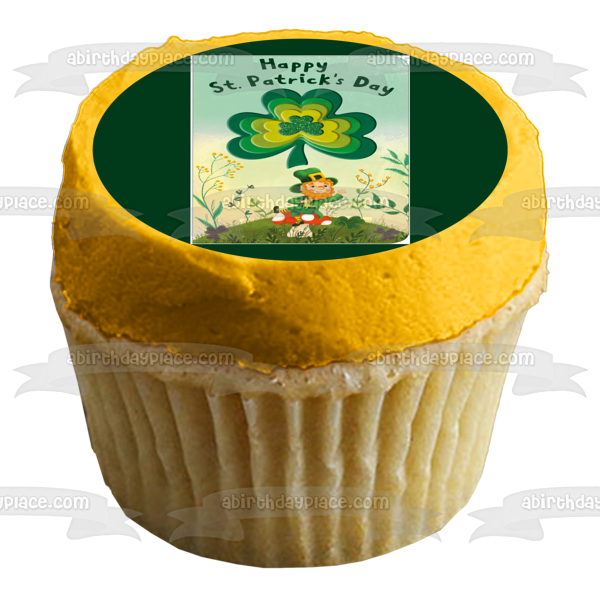 Feliz Día de San Patricio Leprechaun Tréboles de 4 hojas Decoración comestible para tarta Imagen ABPID53726 