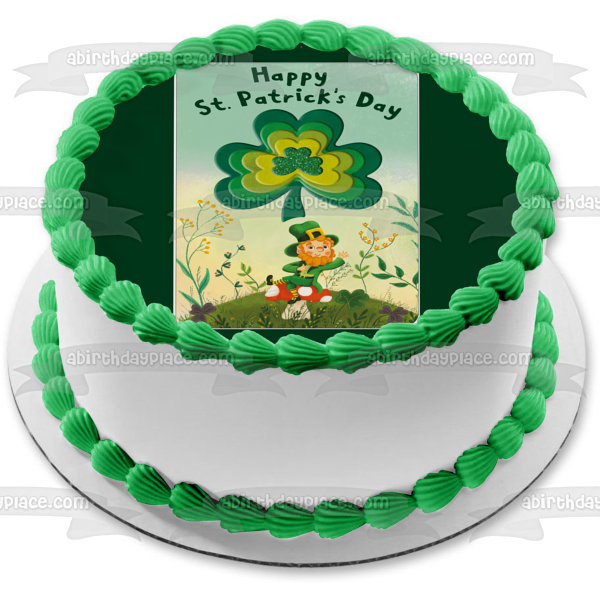 Feliz Día de San Patricio Leprechaun Tréboles de 4 hojas Decoración comestible para tarta Imagen ABPID53726 