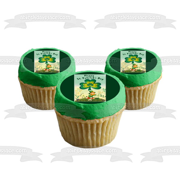Happy St. Patrick's Day Leprechaun 4 Leaf Clovers Edible Cake Topper Image ABPID53726