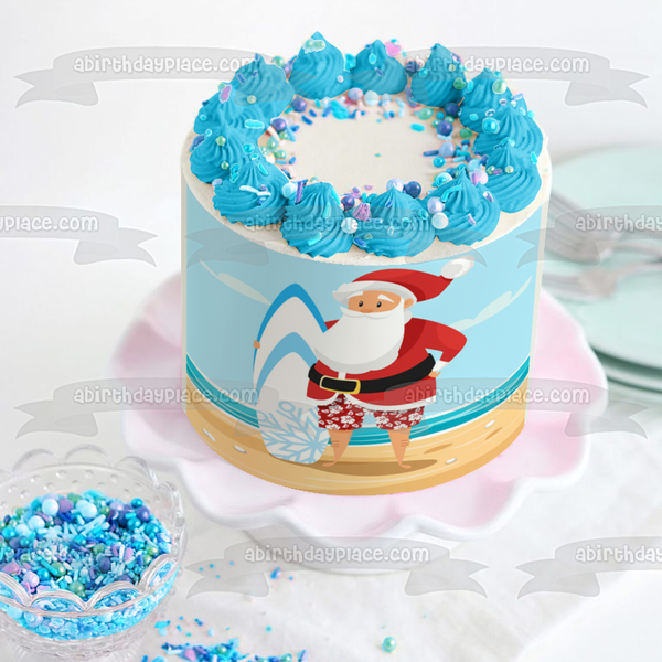 Merry Christmas Santa Claus at the Beach with a Boogie Board Edible Cake Topper Image ABPID53471