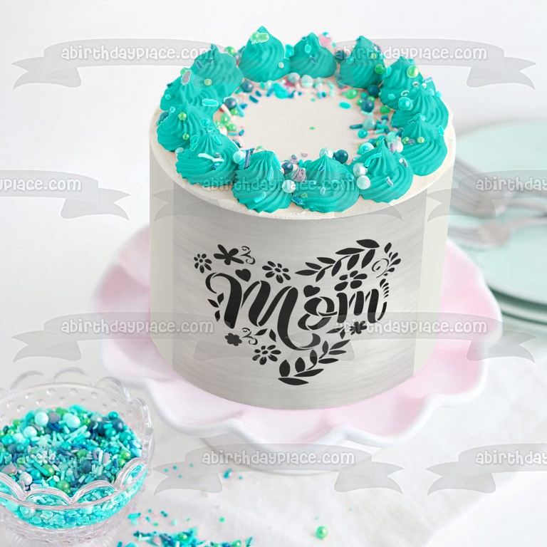 "Mom" Happy Mother's Day Flowers Hearts Edible Cake Topper Image ABPID53809