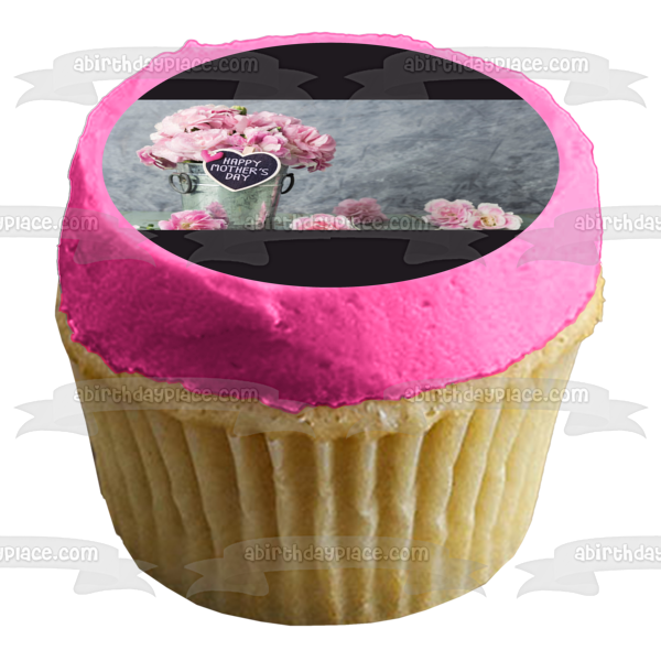 Happy Mother's Day Pink Flowers Edible Cake Topper Image ABPID53813