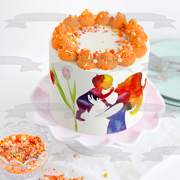 Happy Mother's Day Mother and Baby Colorful Silhouette with Flowers Edible Cake Topper Image ABPID53818