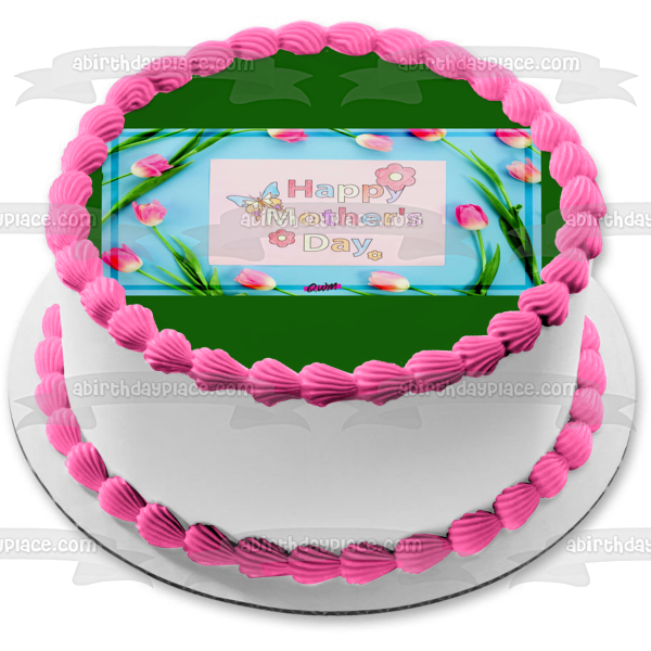 Happy Mother's Day Pink Flowers and Butterflies Edible Cake Topper Image ABPID53819