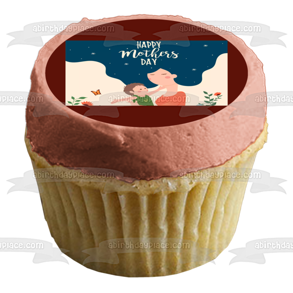 Happy Mother's Day Mother and Baby Flowers Butterflies Edible Cake Topper Image ABPID53820