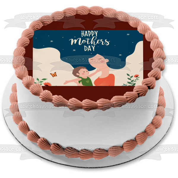 Happy Mother's Day Mother and Baby Flowers Butterflies Edible Cake Topper Image ABPID53820