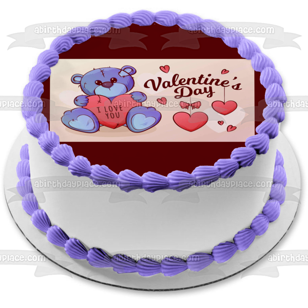 Happy Valentine's Day Stuffed Bear Hearts "I Love You" Edible Cake Topper Image ABPID53574