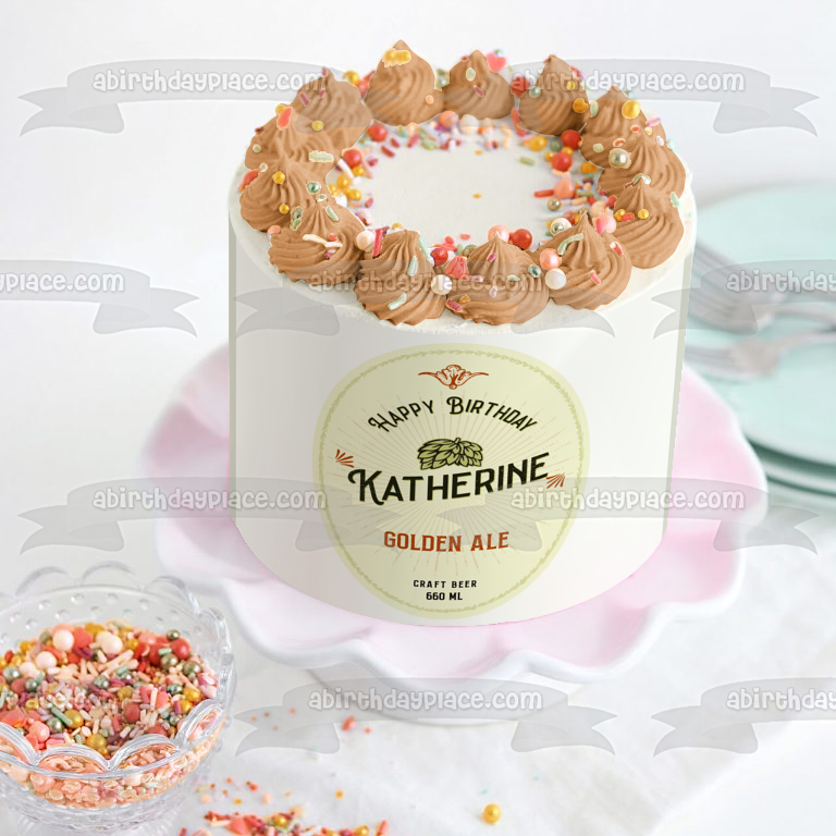 Golden Ale Happy Birthday Customizable Beer Bottle Liquor Alcohol Label Edible Cake Topper Image ABPID53583