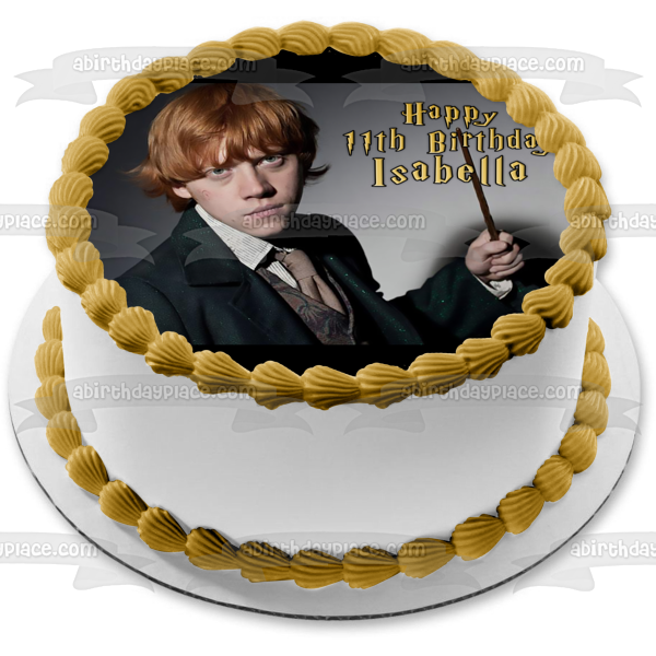 Harry Potter Ron Weasley Hogwarts Magic Wand  Happy Birthday Personalized Name Edible Cake Topper Image ABPID53592