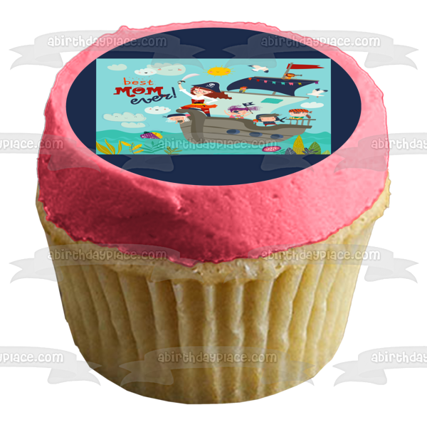 Mother's Day Captain Mommy Pirate Ship Mother and Children Edible Cake Topper Image ABPID53699