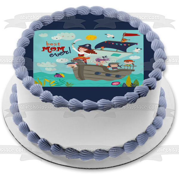 Mother's Day Captain Mommy Pirate Ship Mother and Children Edible Cake Topper Image ABPID53699