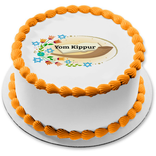 Yom Kippur Stars of David Flowers Edible Cake Topper Image ABPID54222
