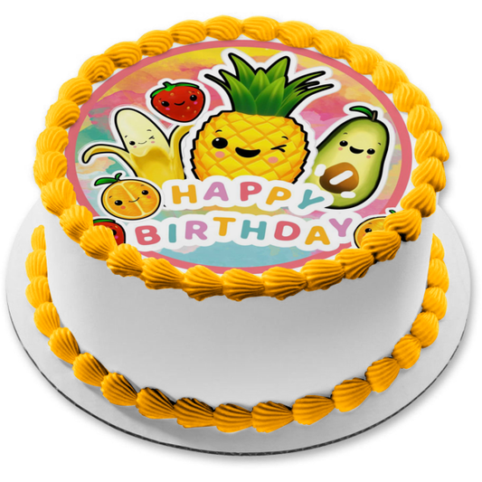 Happy Fruits Happy Birthday Pineapple Banana Strawberry and an Orange Edible Cake Topper Image ABPID56507