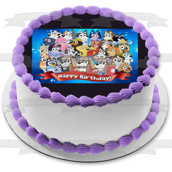Bluey Cast Happy Birthday Banner Bandit Chilli Mrs. Retreiver Aunt Trixie Heeler Edible Cake Topper Image ABPID54026