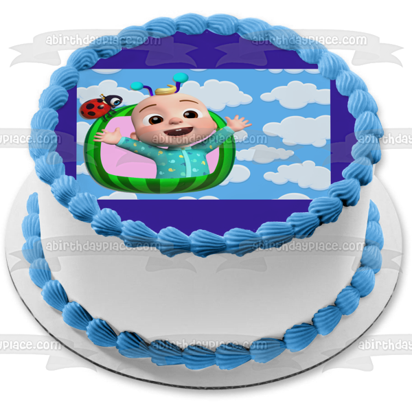 Cocomelon Baby JJ In Watermelon Ladybug Clouds Filled Background Edible Cake Topper Image ABPID54029