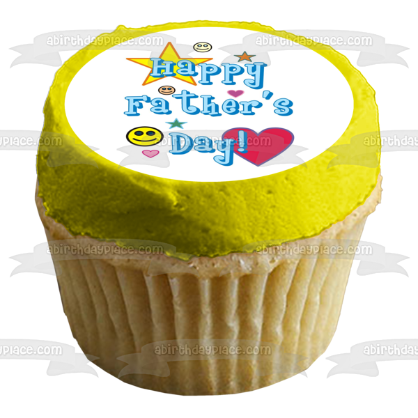 Happy Father's Day Colorful Hearts Stars and Smiley Faces Edible Cake Topper Image ABPID54045